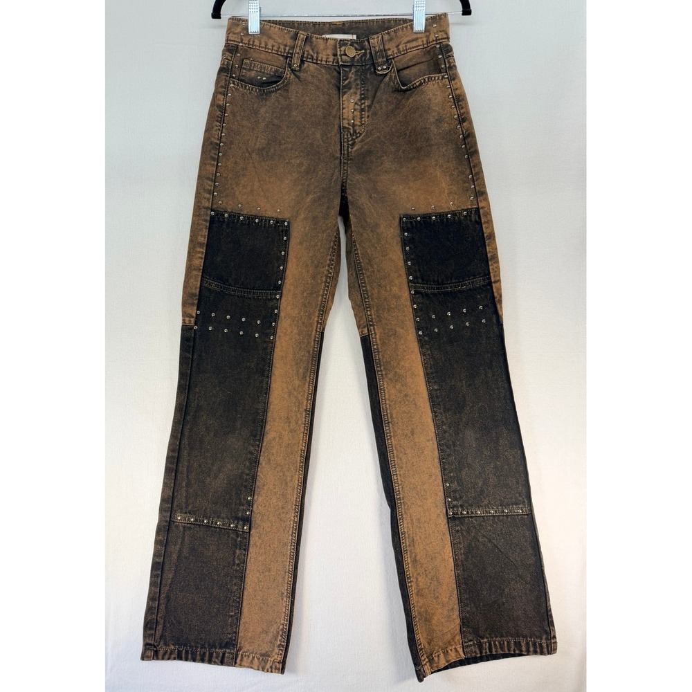 BDG Urban Outfitters Studded Two Tone Acid Wash Wide Leg Jeans Brown Black 26